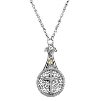 1928 Pewter Crystal Cross Sliding Magnifying Glass Pendant Necklace