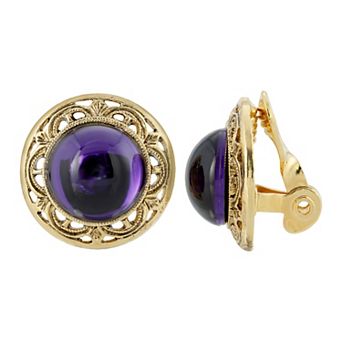 1928 Gold Tone Purple Stone Round Button Clip-On Earrings