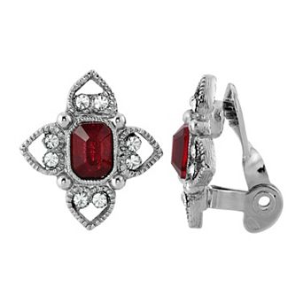 1928 Silver Tone Purple Rectangle Crystal Floral Clip-On Earrings