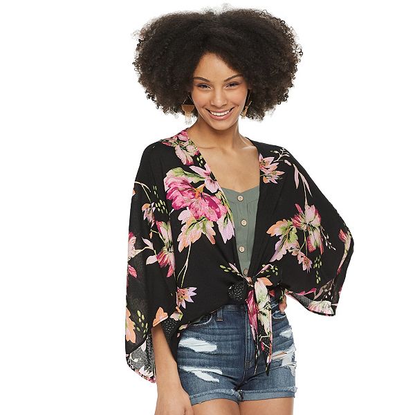 Juniors' SO® Floral Hibiscus Cropped Tie Front Kimono