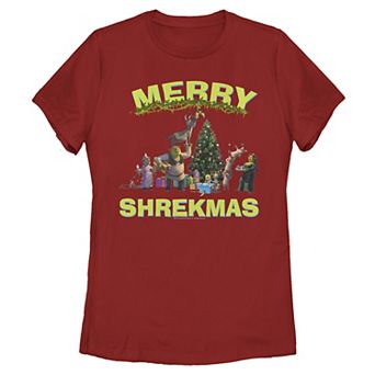 Juniors' Shrek Group Shot Friends Merry Shrekmas Bold Holiday Text Graphic Tee