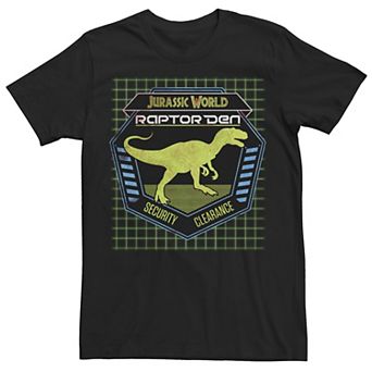 Men's Jurassic Park Raptor Den Security Clearance Badge Laser Grid Tee