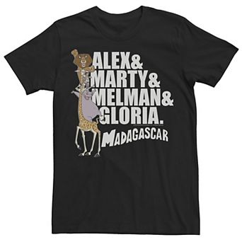 Men's Madagascar Group Shot Stacked Names Text Poster Graphic Tee