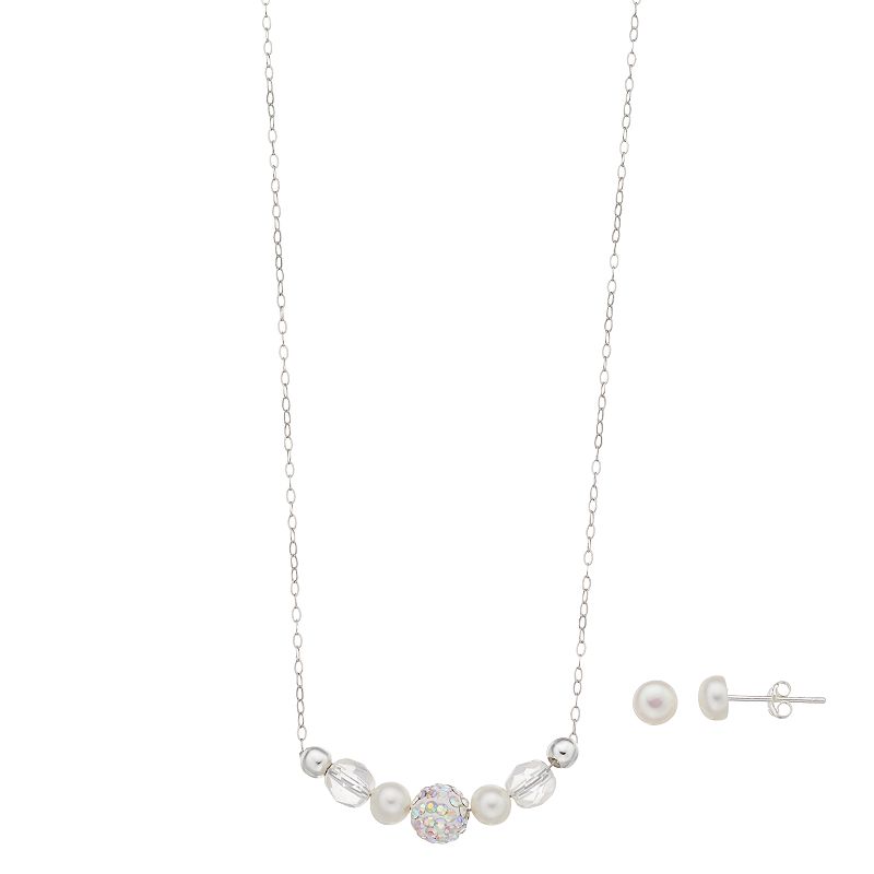 Aleure Sterling Silver Cultured Freshwater Pearl & Crystal Necklace & Stud