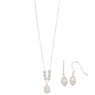 Aleure Precioso Sterling Silver Oval Cultured Freshwater Pearl Pendant Necklace & Drop Earring Set