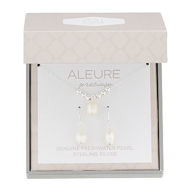 Aleure Sterling Silver Oval Cultured Freshwater Pearl Pendant Necklace & Drop Earring Set