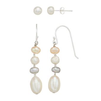 Aleure Precioso Sterling Silver Cultured Freshwater Pearl Stud & Linear Drop Earring Set