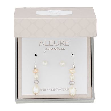 Aleure Sterling Silver Cultured Freshwater Pearl Stud & Linear Drop Earring Set