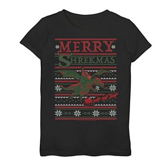 Girls' 7-16 Shrek Merry Shrekmas Holiday Pattern Tee