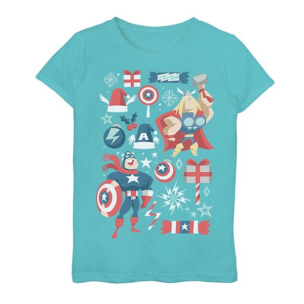 Girls' 7-16 Marvel Avengers Thor And Captain America Holiday Collage Tee