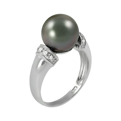 Sterling Silver Tahitian Cultured Pearl and White Topaz Ring