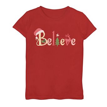 Girls 7-16 "Believe" Santa Hat Holiday Graphic Tee