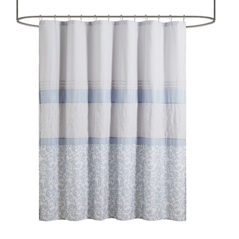 72"x72" Casey Printed and Embroidered Shower Curtain Blue - 510 Design: Microfiber, Jacquard Weave, Buttonhole Top