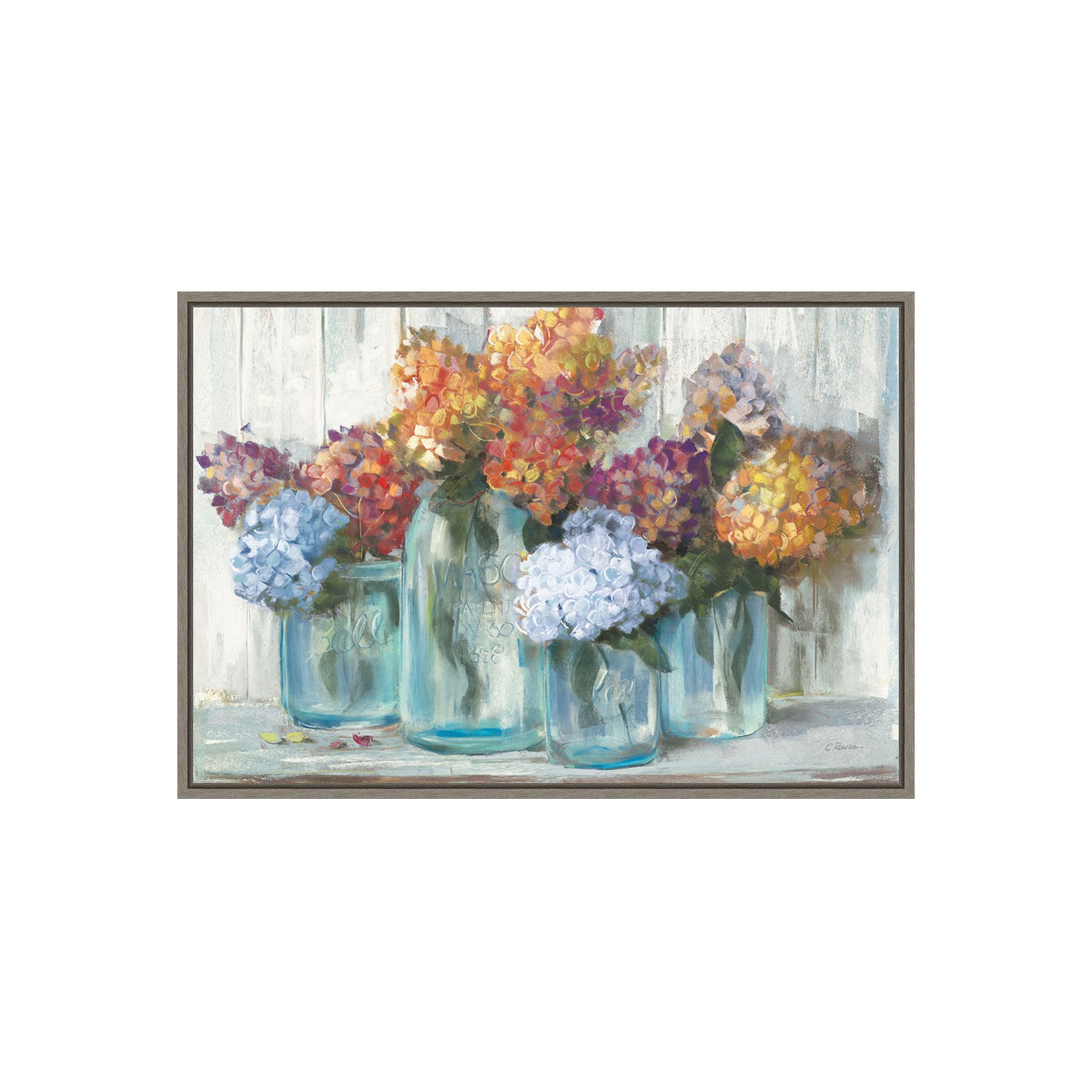 Amanti Art Fall Hydrangeas in Glass Jar Framed Canvas Wall Art, Gray