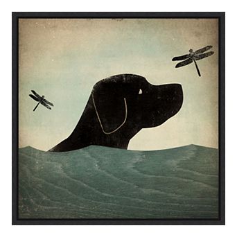 Amanti Art Black Dog Swim Framed Canvas Print