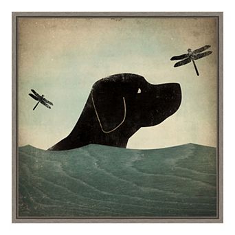 Amanti Art Black Dog Swim Framed Canvas Print