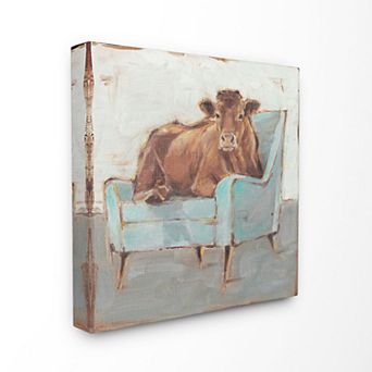 Stupell Home Decor 'Brown Bull on a Blue Couch Neutral Color' Painting Stretched Canvas Wall Art