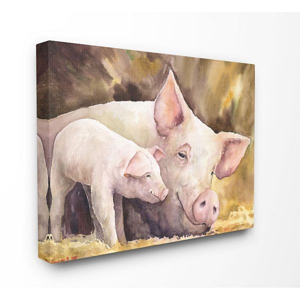Stupell Home Decor Baby Pig Family Animal Watercolor Painting Stretched Canvas Wall Art
