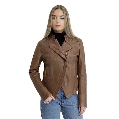 Women's Whet Blu Zoey Asymmetrical Leather Blazer, Size: XXL, Whisky