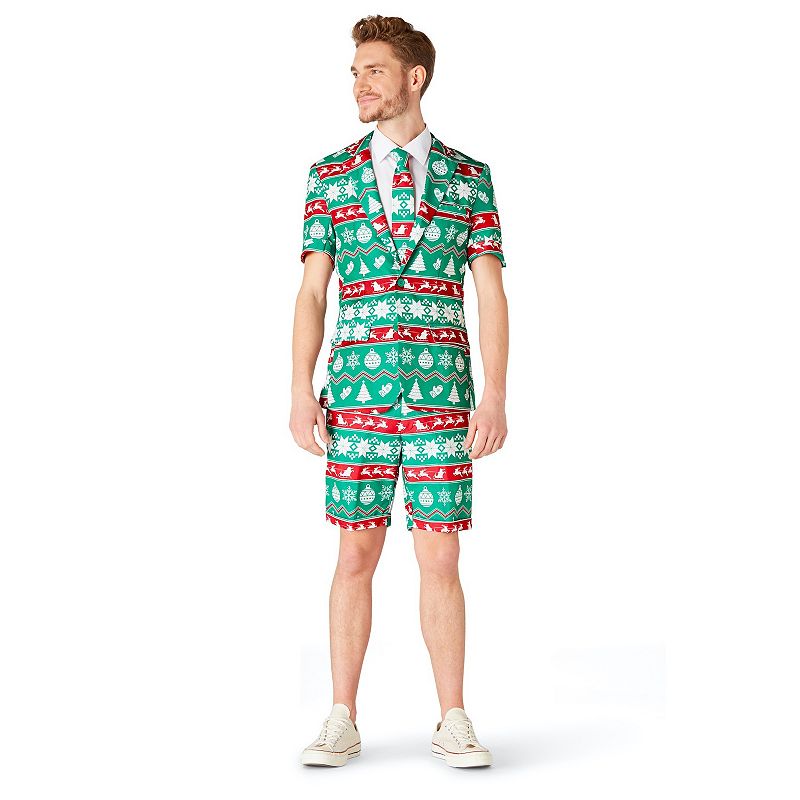 Mens Suitmeister Christmas Green Nordic Summer Suit & Tie Set, Size: Small