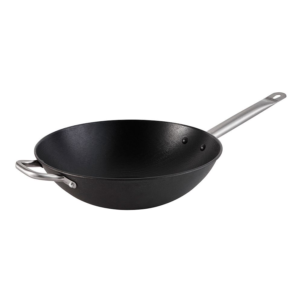 IMUSA 14-in. Black Wok with Stainless Steel Handles / IMUSA Wok de Hierro Fundido Ligero con Mangos de Acero Inoxidable, 35 cm, Negro