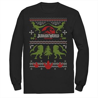 Men's Jurassic World Dinosaur Xmas Ugly Sweater Long Sleeve Graphic Tee
