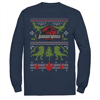 Men's Jurassic World Dinosaur Xmas Ugly Sweater Long Sleeve Graphic Tee