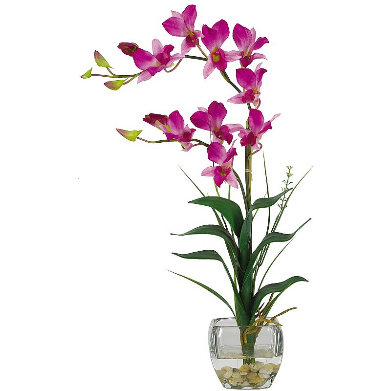 nearly natural Silk Dendrobium Floral Arrangement, Multicolor SilkDendrobium orchidpetals bloomelegantly. Lush, green silk leaves offer a realistic look. Glass vase coordinates with any decor. 22-in. height Planter: 4H x4W Silk/glass Wipe clean  Size: One Size. Color: Multicolor. Gender: unisex. Age Group: adult. Pattern: floral.