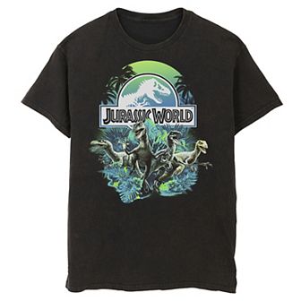 Men's Jurassic World Blue Green Jungle Velociraptor Attack Graphic Tee