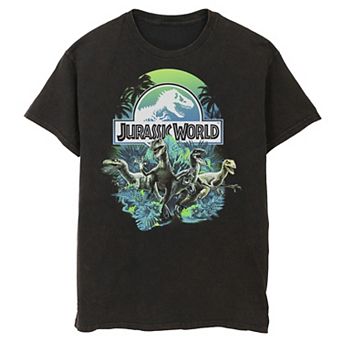Men's Jurassic World Blue Green Jungle Velociraptor Attack Graphic Tee