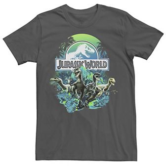 Men's Jurassic World Blue Green Jungle Velociraptor Attack Graphic Tee