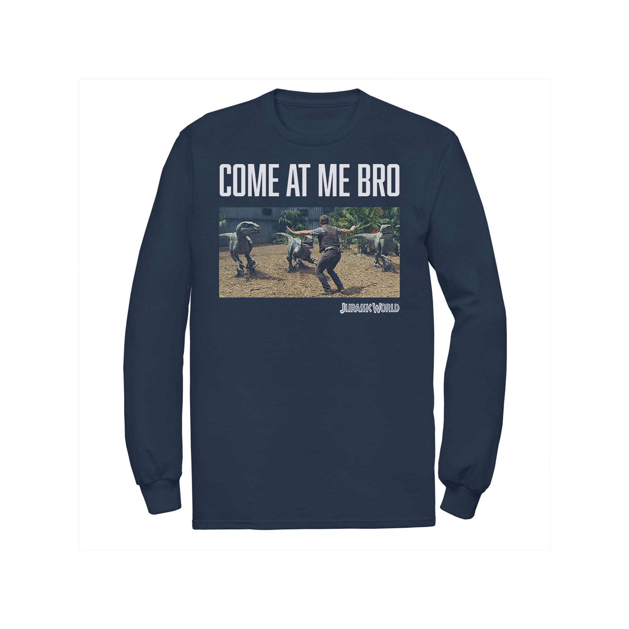 Mens Jurassic World Come At Me Bro Movie Still Long Sleeve Graphic Tee, Si