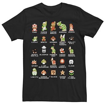 Men's Nintendo Super Mario 8-bit Pixel Icons List Vintage Graphic Tee