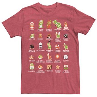 Men's Nintendo Super Mario 8-bit Pixel Icons List Vintage Graphic Tee