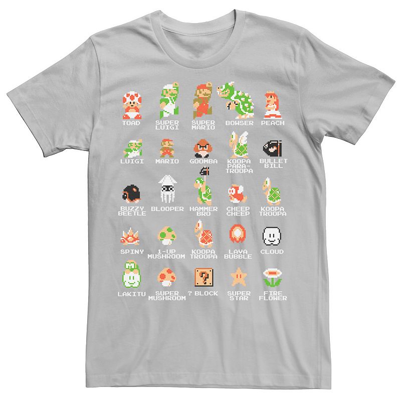 Men's Nintendo Super Mario 8-bit Pixel Icons List Vintage Graphic Tee, 