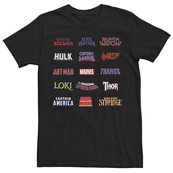 Men's Marvel Character Names Stacked Logo Graphic Tee