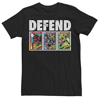 Men's Marvel Group Shot Defend Trading Cards Stacked Poster Graphic Tee