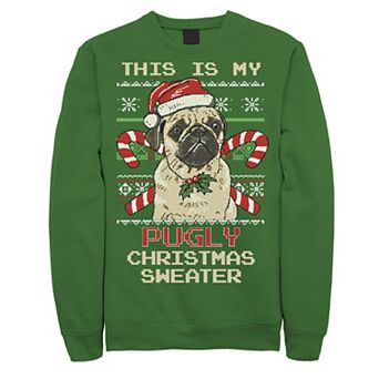Men's Ugly Christmas Sweater Pug Candy Cane Graphic Fleece Pullover