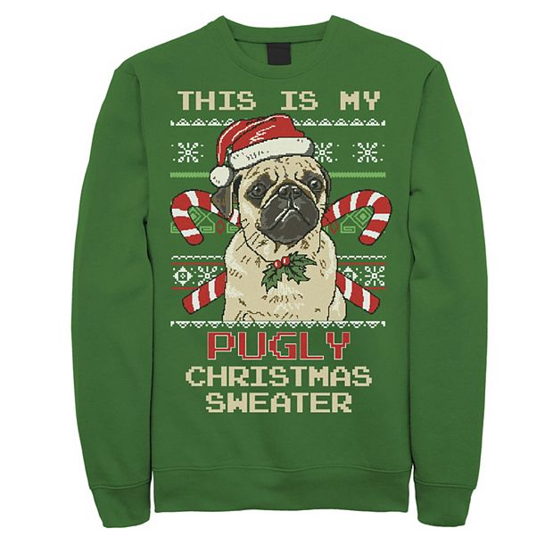 Men s Ugly Christmas Sweater Pug Candy Cane Graphic Fleece Pullover