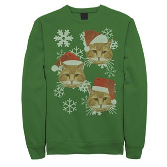 Men's Santa Hat Cats Snowflake Graphic Fleece Pullover