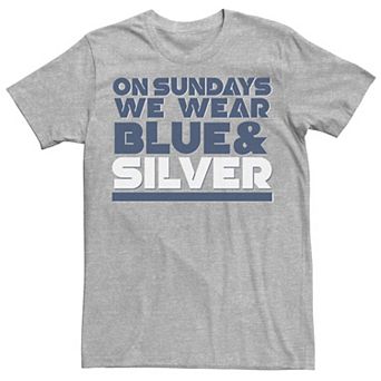 Men's On Sundays We Wear Blue And Silver Text Stack Graphic Tee