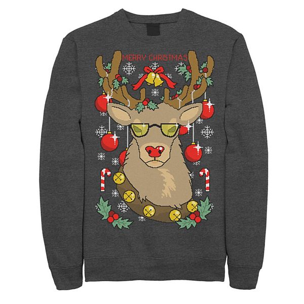 Men's Merry Christmas Reindeer Knit Style Graphic Fleece Pullover