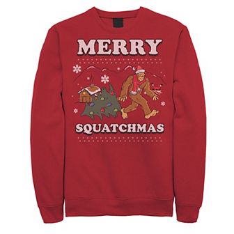 Men's Ugly Sweater Merry Squatchmas Big Foot Cartoon Graphic Fleece Pullover