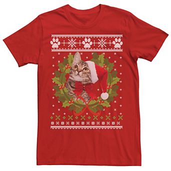 Men's Santa Cat Inside Wreath Pawprint Stitching Graphic Tee