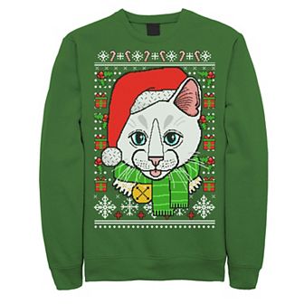 Men's Cat In Santa Hat Knit Style Graphic Fleece Pullover