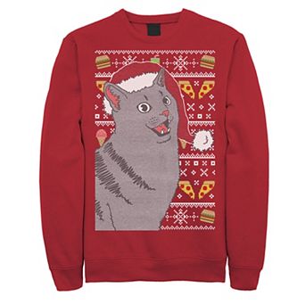 Men's Surprised Cat In Santa Hat Knit Style Graphic Fleece Pullover