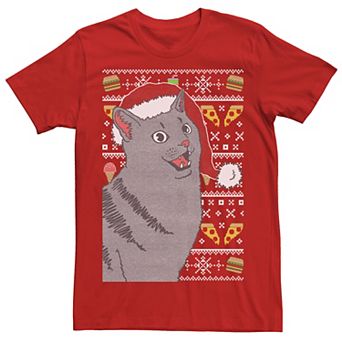 Men's Surprised Cat In Santa Hat Knit Style Graphic Tee