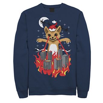 Men's Cat In Santa Hat Destroying City Knit Style Graphic Fleece Pullover