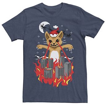 Men's Cat In Santa Hat Destroying City Knit Style Graphic Tee