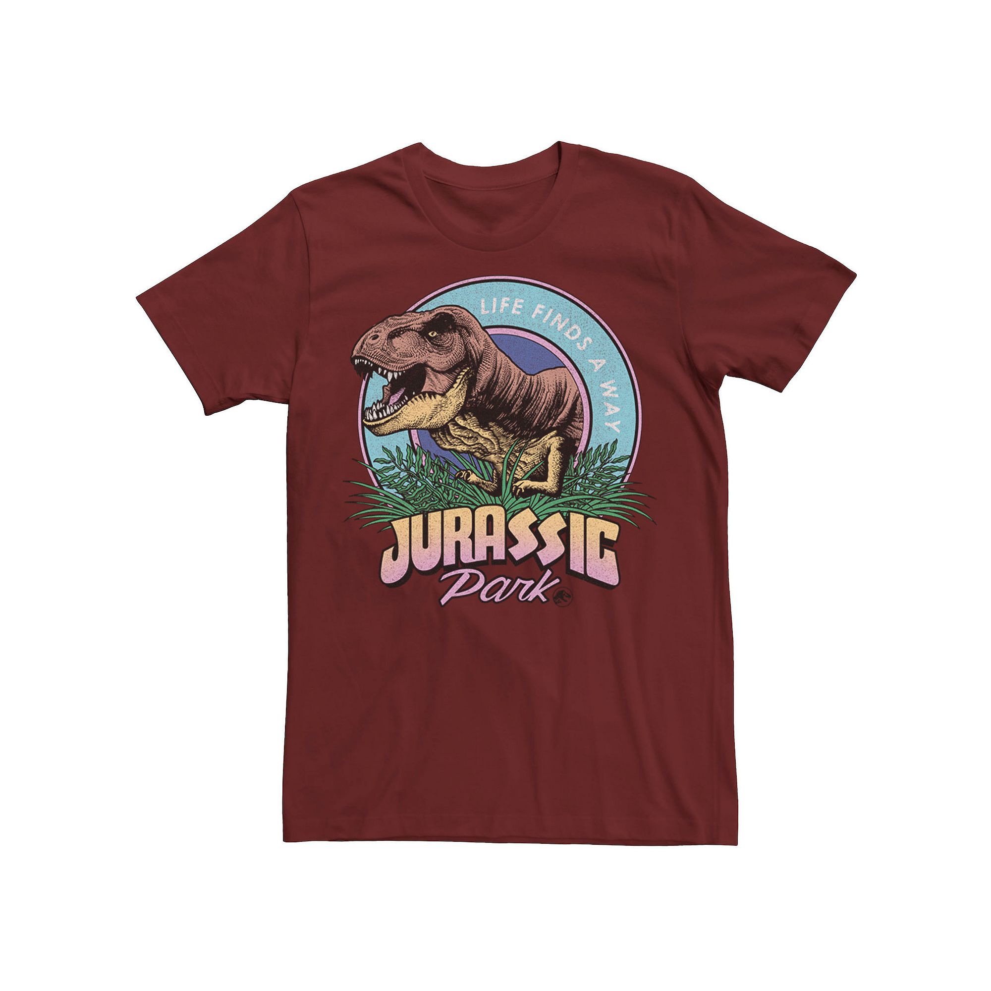 Mens Jurassic Park Life Finds A Way Vibrant Graphic Tee, Size: Small, Red